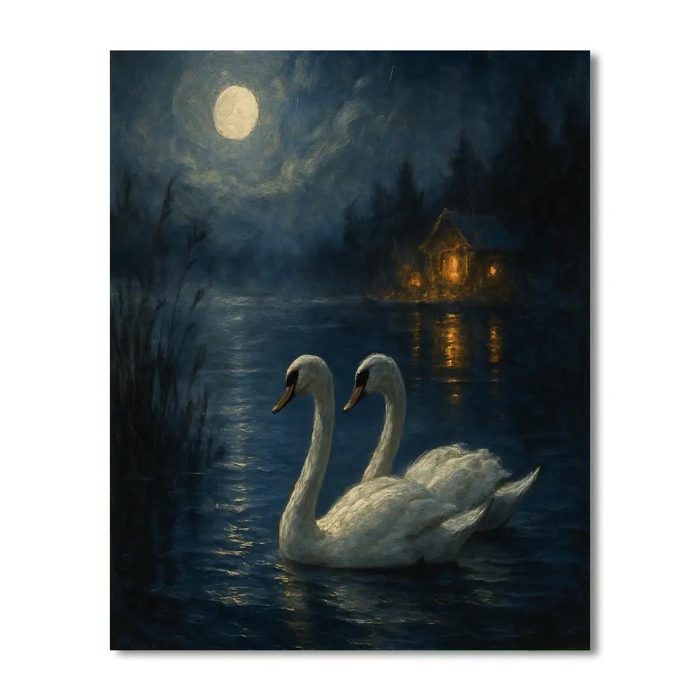 Moonlit Swans On Lantern Lake Painting by numbers kit