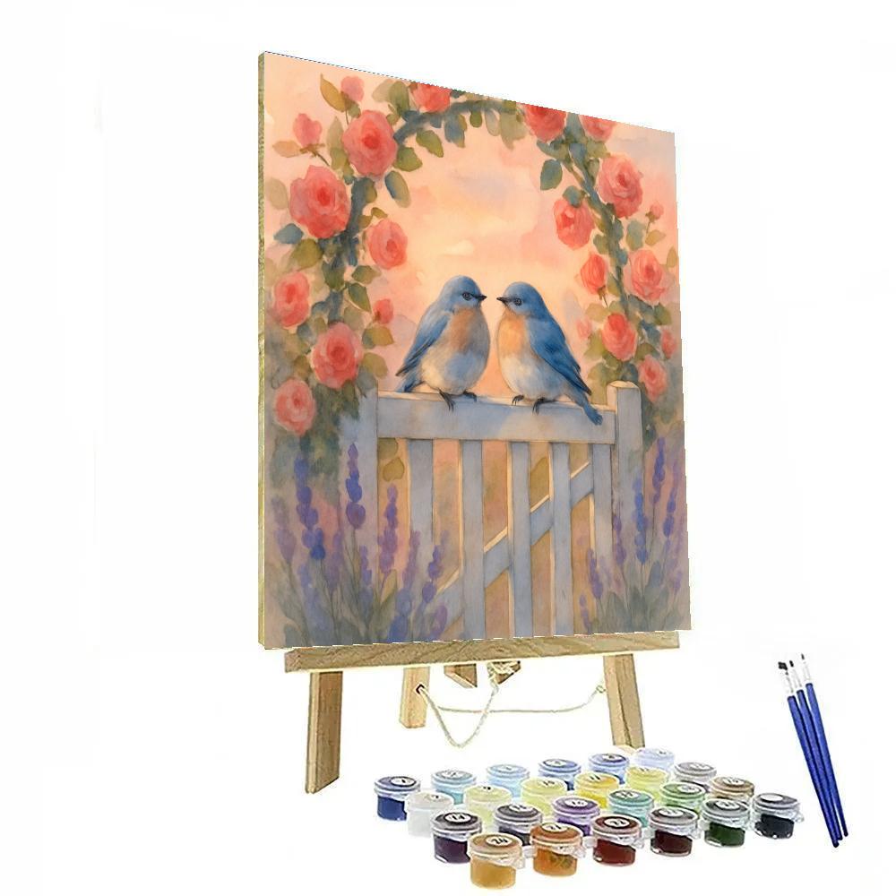 Bluebirds On The Garden Gate At Dusk paint by color