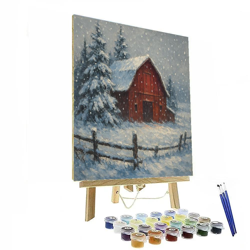 Snowfall Over Crimson Barn Paint by numbers art