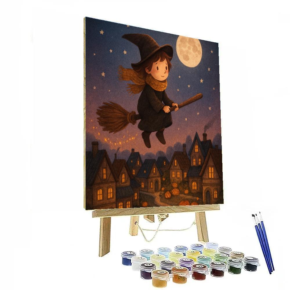 Enchanted Broom Ride Over Candlelit Village paint by color
