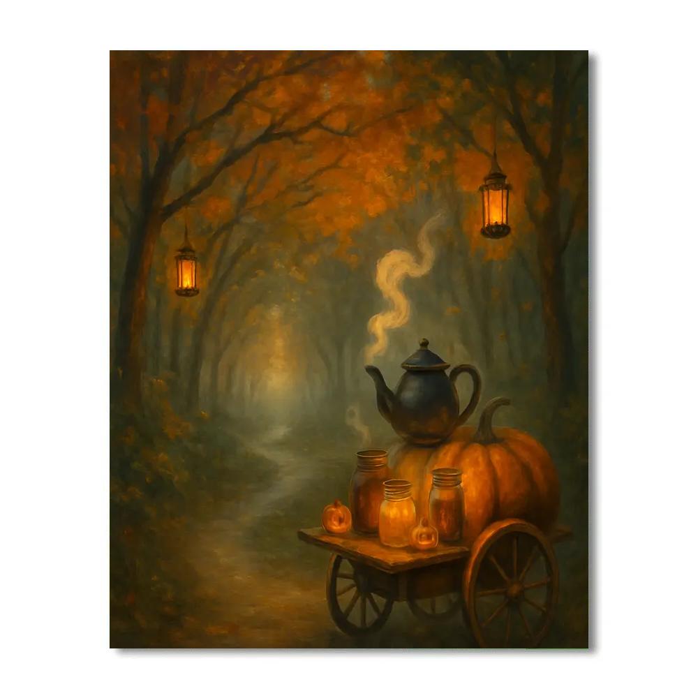 Autumn Path To The Pumpkin Tea Cart paint by numbers