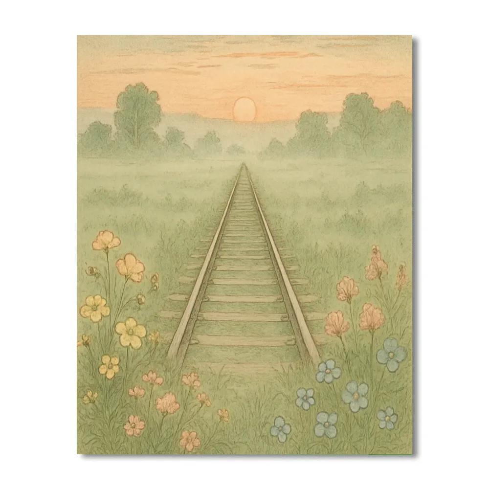 Morning Haze Over Meadow Railway paint by numbers