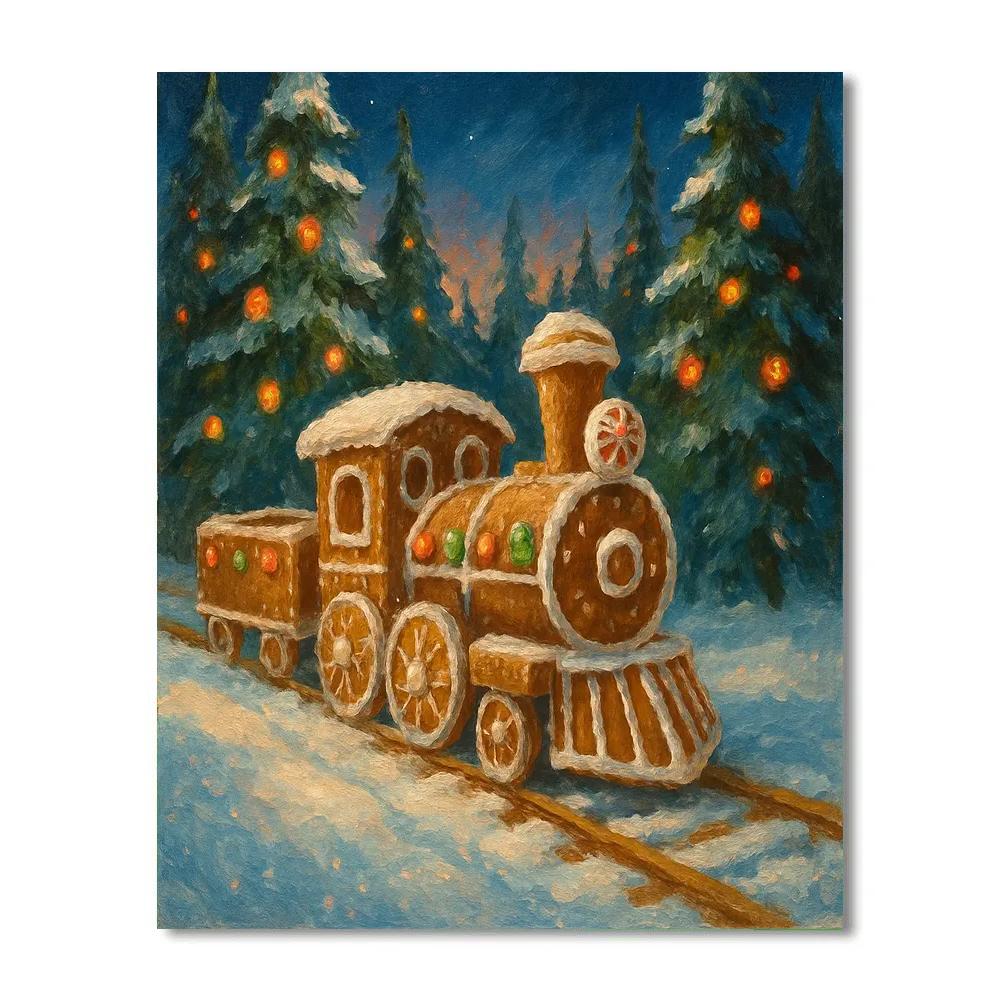 Gingerbread Train Through Snowy Pines Numbered painting kits
