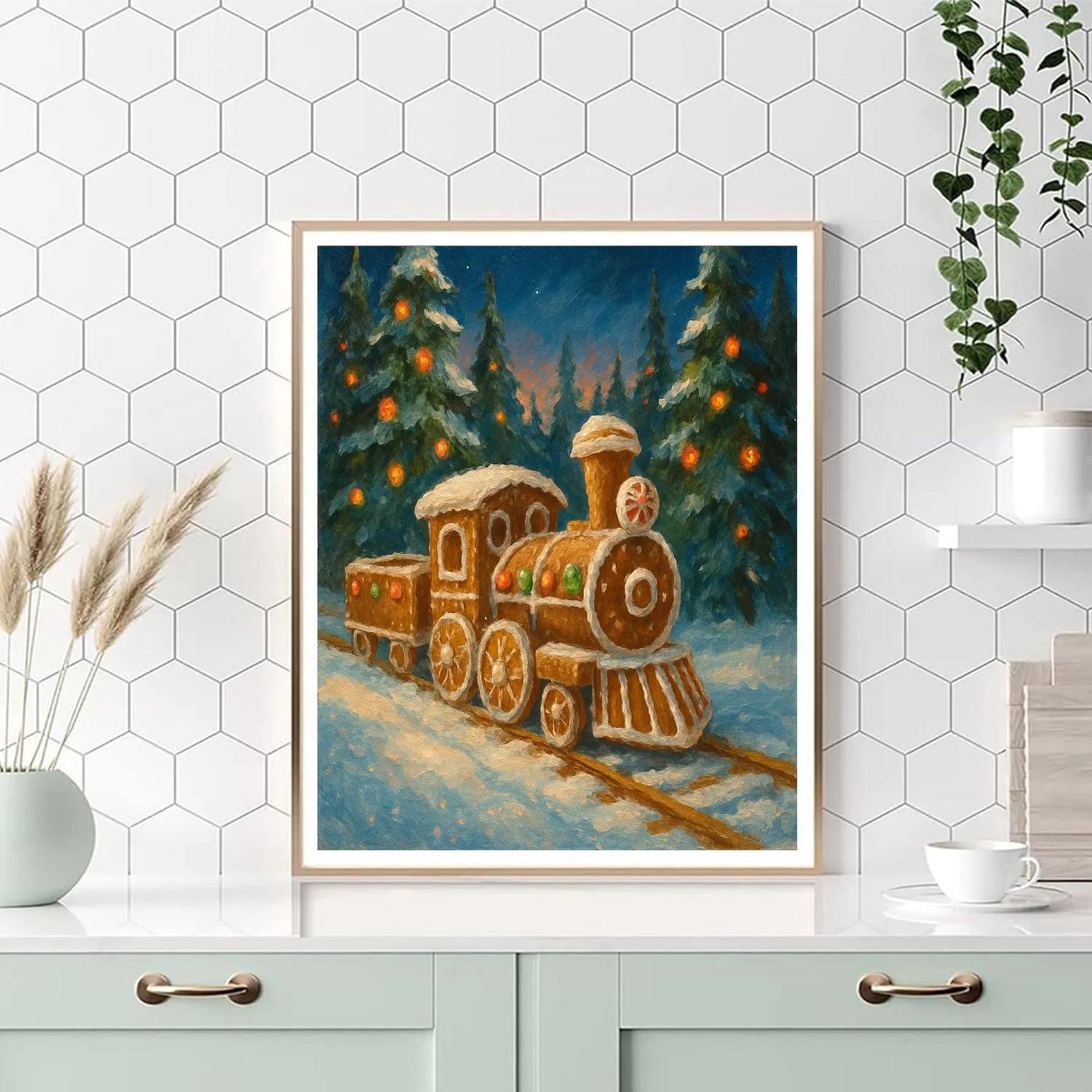 Gingerbread Train Through Snowy Pines Numbered painting kits
