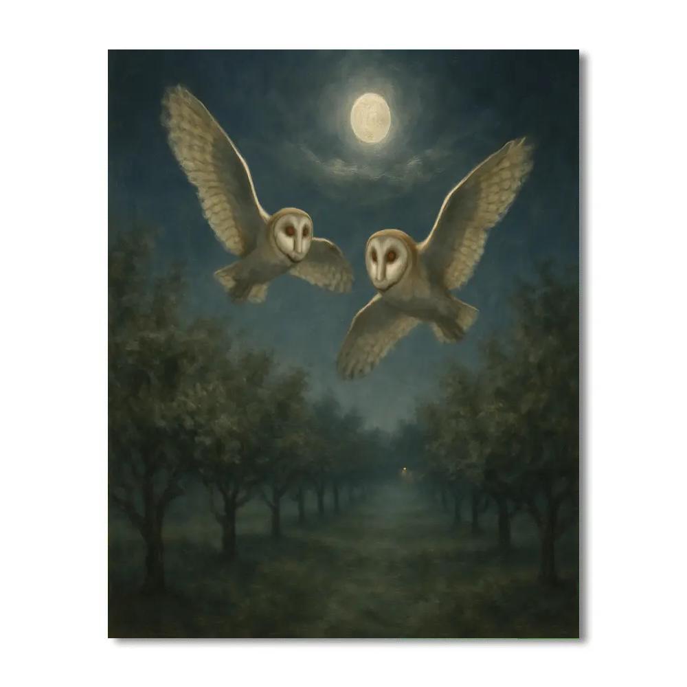 Barn Owls Above The Sleeping Orchard painting number kit