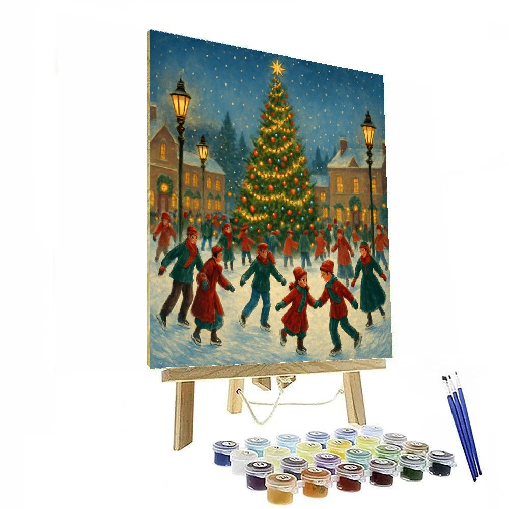 Snowy Town Square Skaters painting number kit