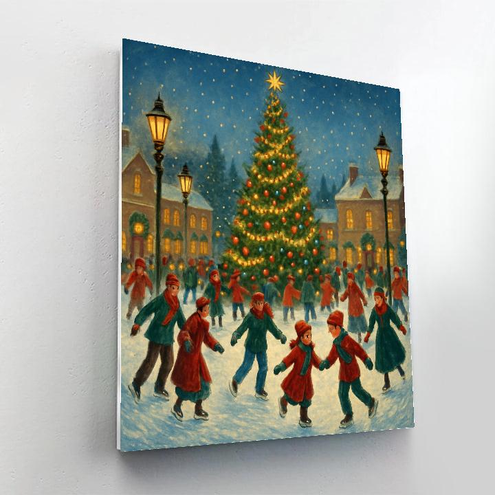 Snowy Town Square Skaters painting number kit