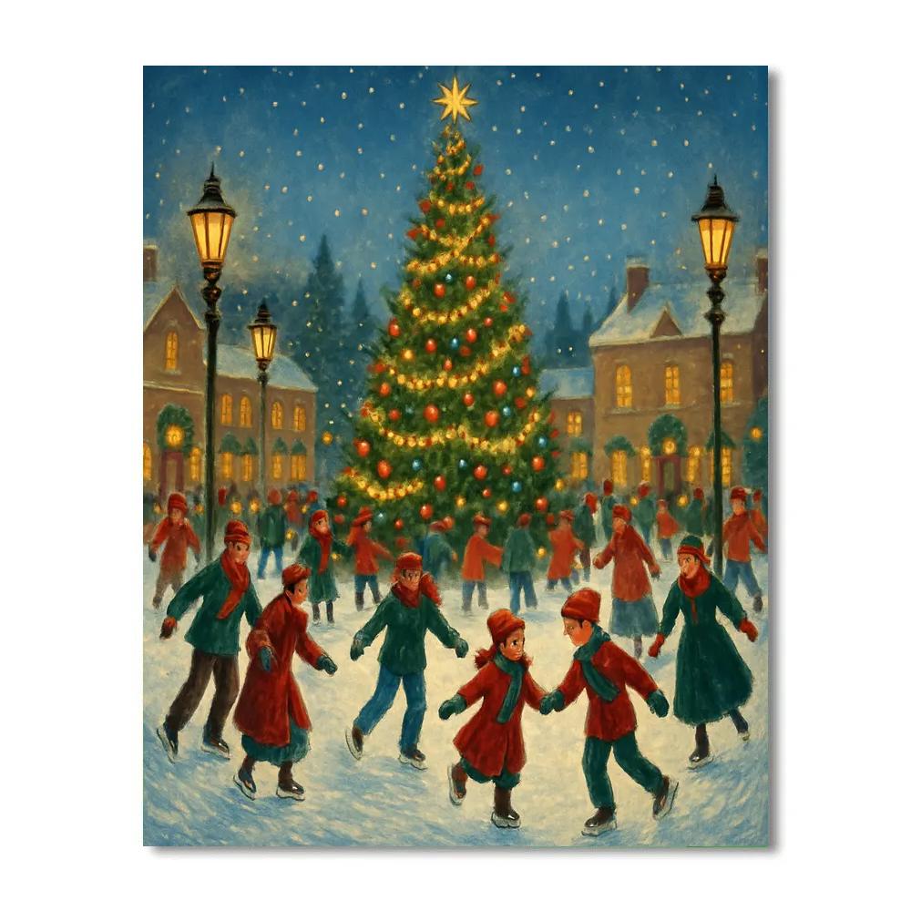 Snowy Town Square Skaters painting number kit