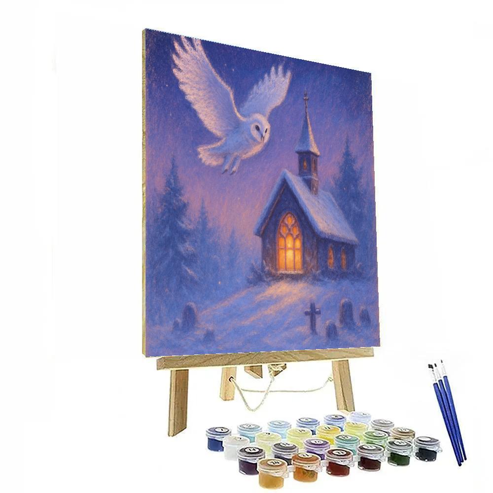 Midnight Owl Over Snowy Chapel painting number kit