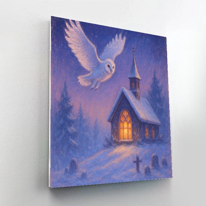 Midnight Owl Over Snowy Chapel painting number kit