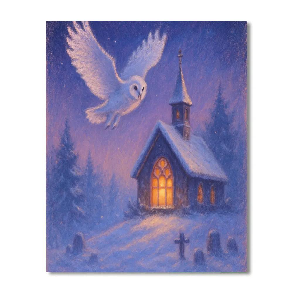 Midnight Owl Over Snowy Chapel painting number kit