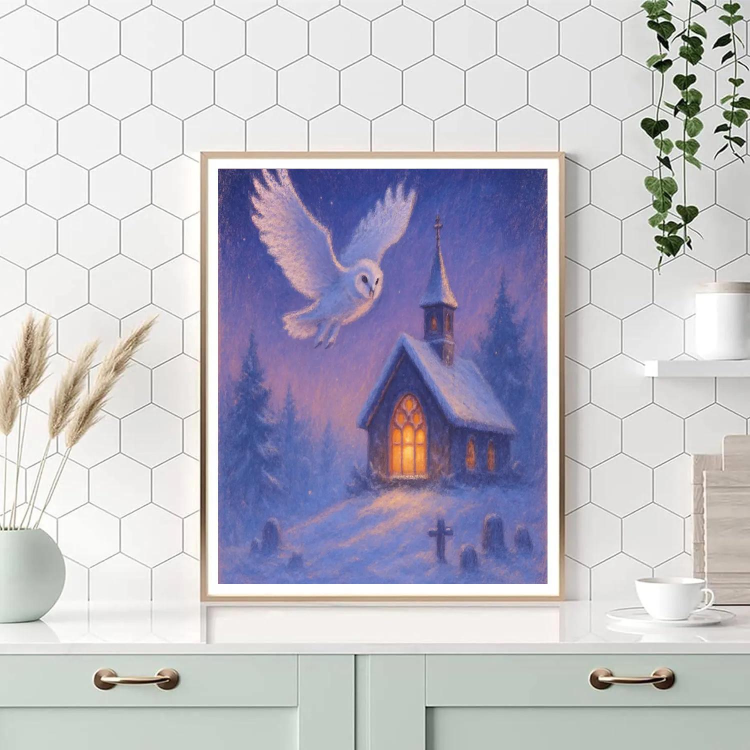 Midnight Owl Over Snowy Chapel painting number kit