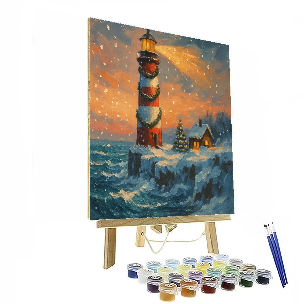 Christmas Lighthouse On Icy Cliffs Number painting