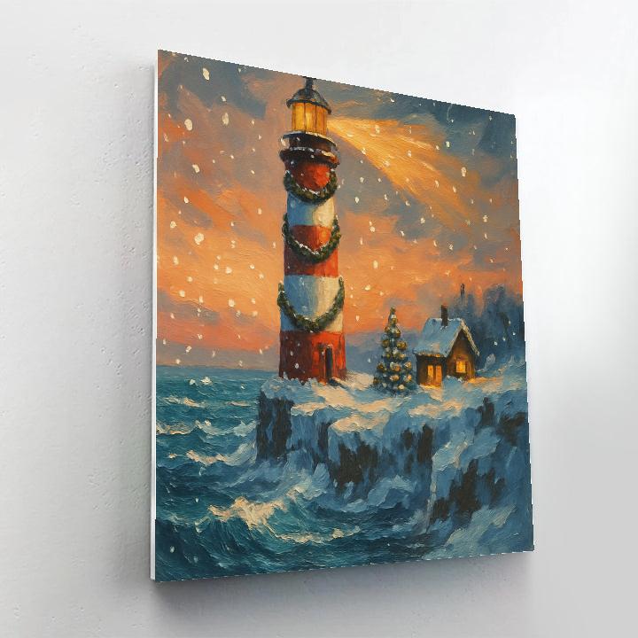 Christmas Lighthouse On Icy Cliffs Number painting