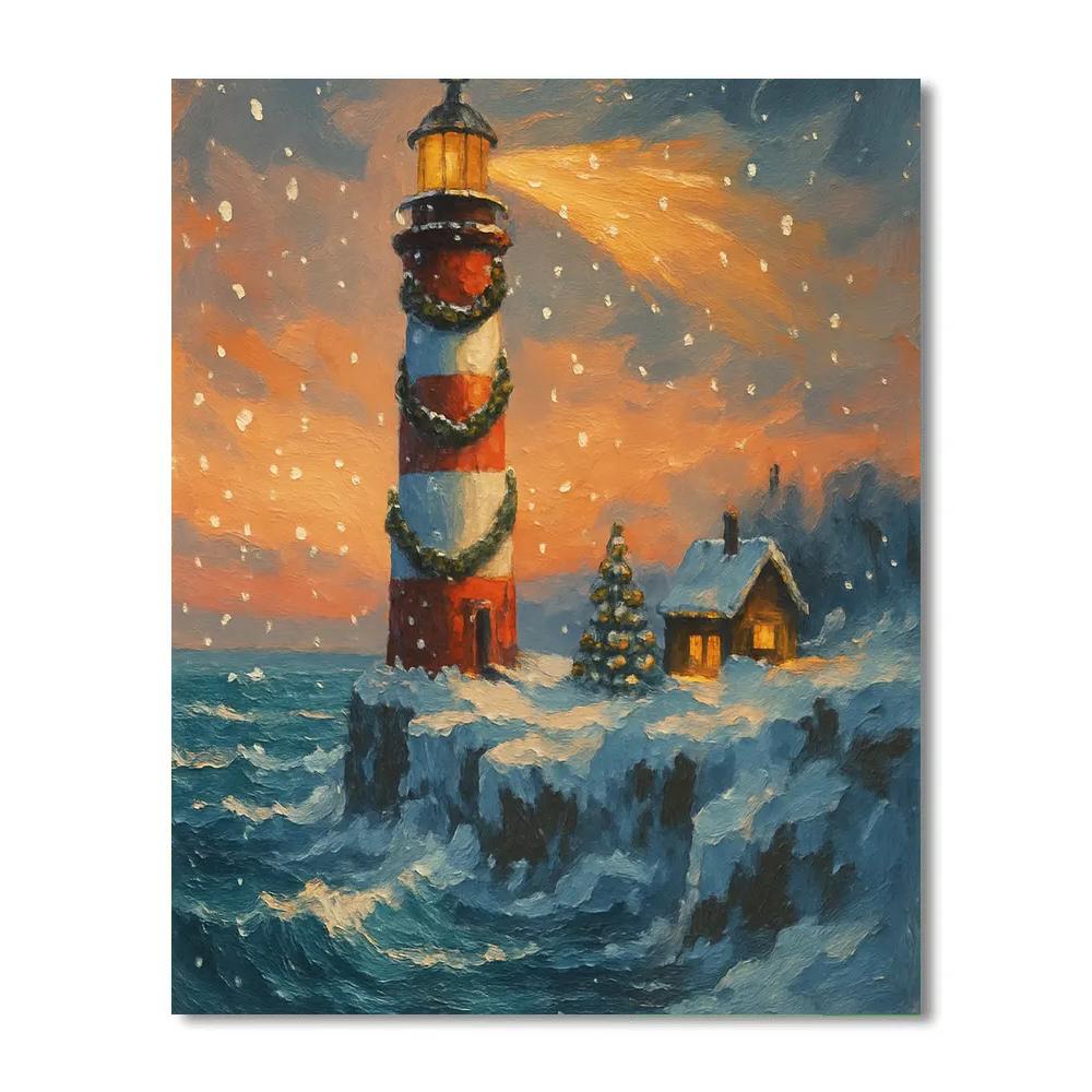 Christmas Lighthouse On Icy Cliffs Number painting