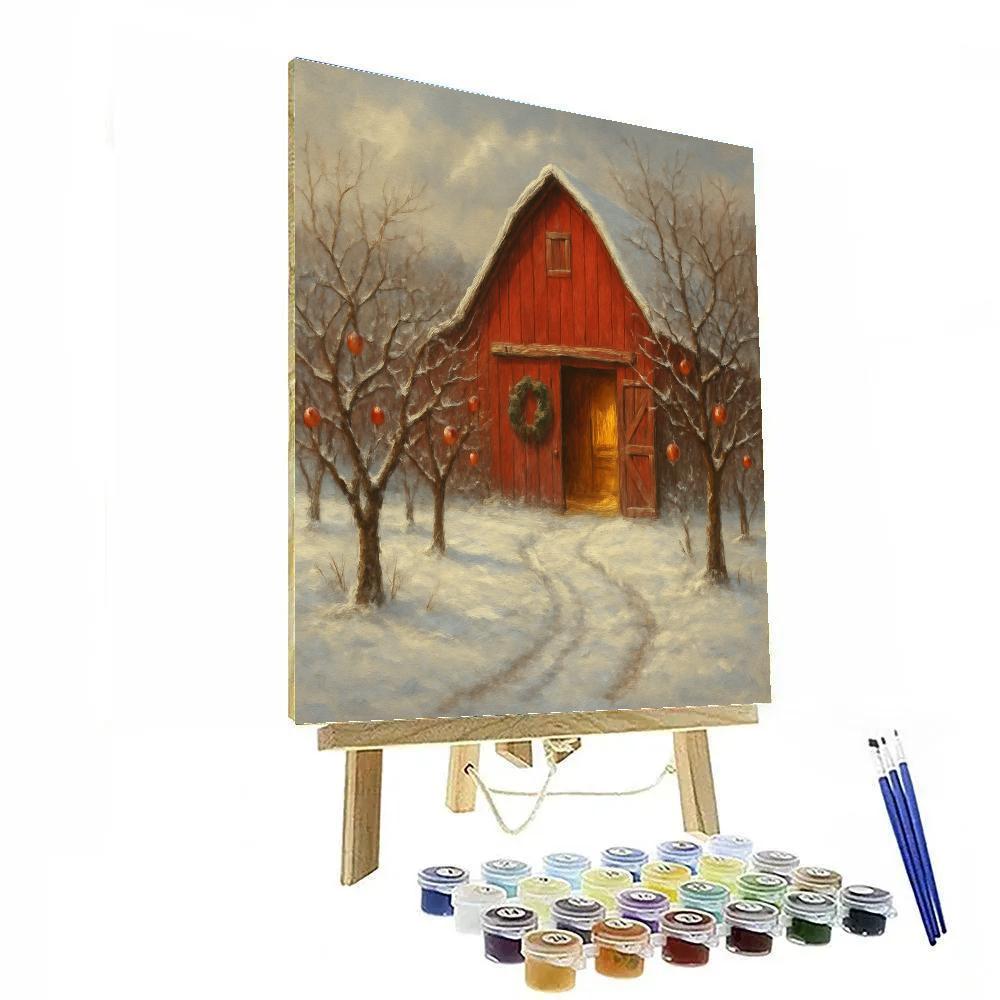 Snowy Orchard Red Barn Painting by numbers kit