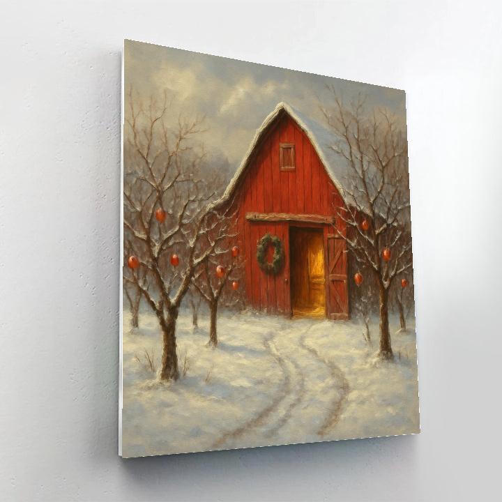 Snowy Orchard Red Barn Painting by numbers kit
