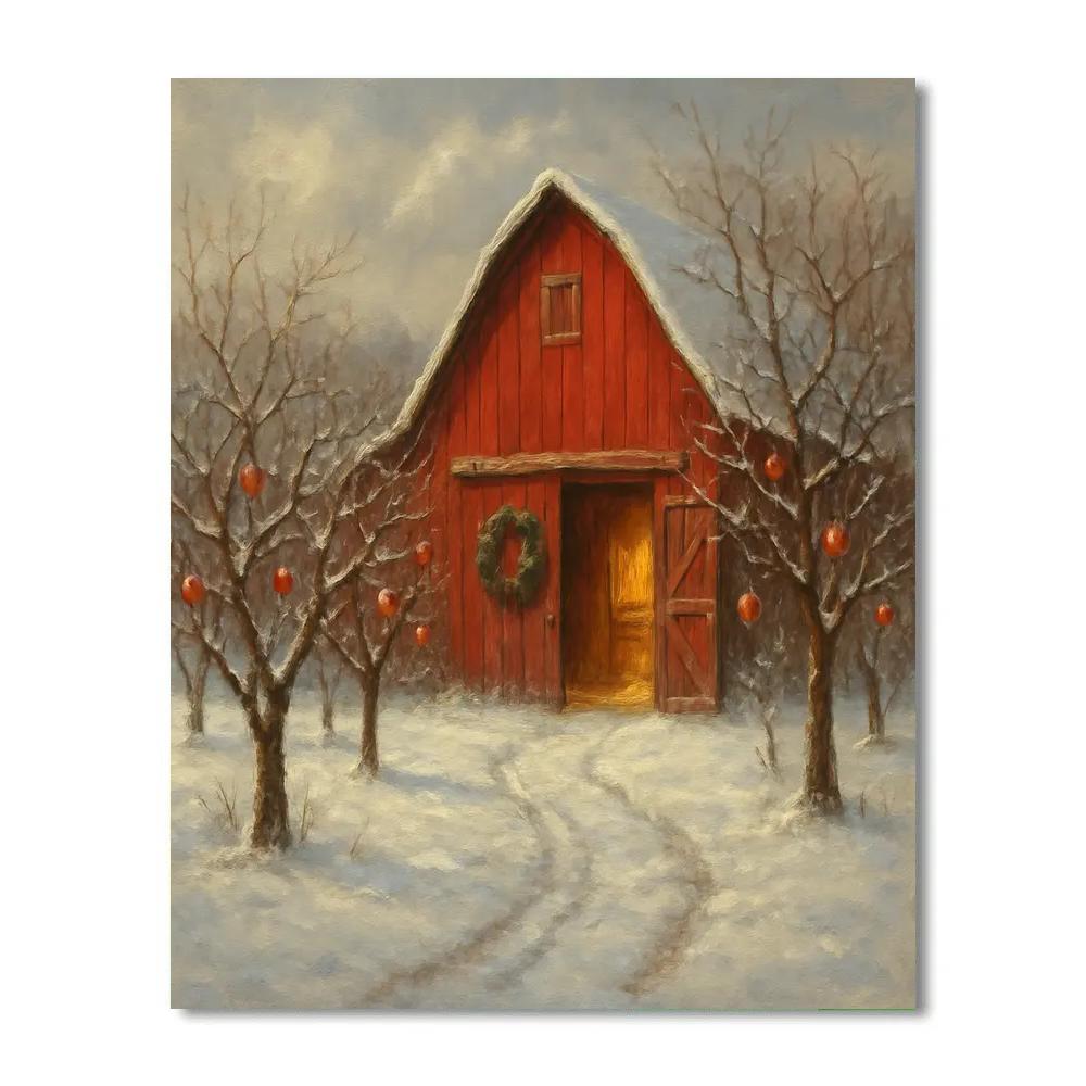 Snowy Orchard Red Barn Painting by numbers kit
