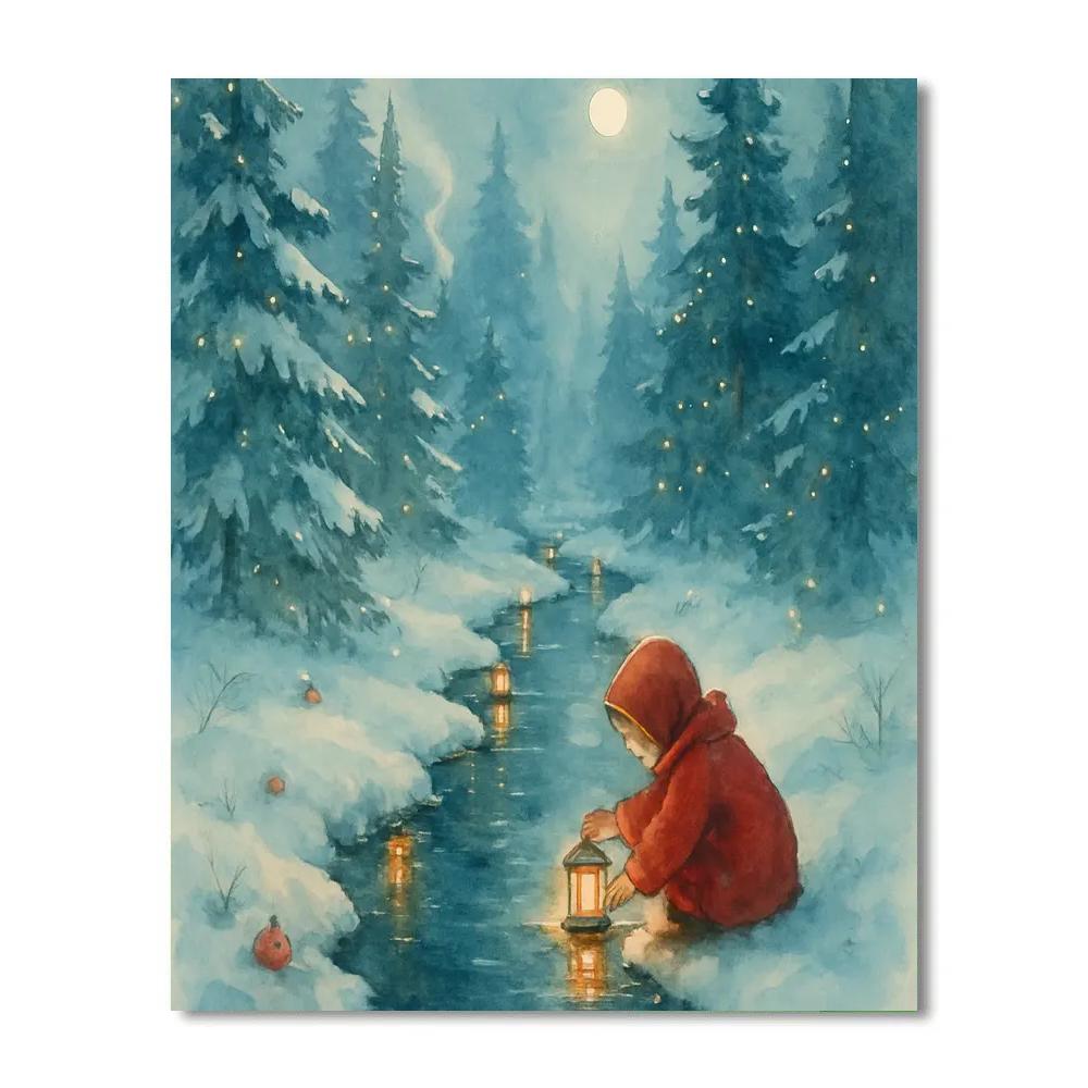 Christmas Lanterns Along The Forest Creek Painting by numbers kit