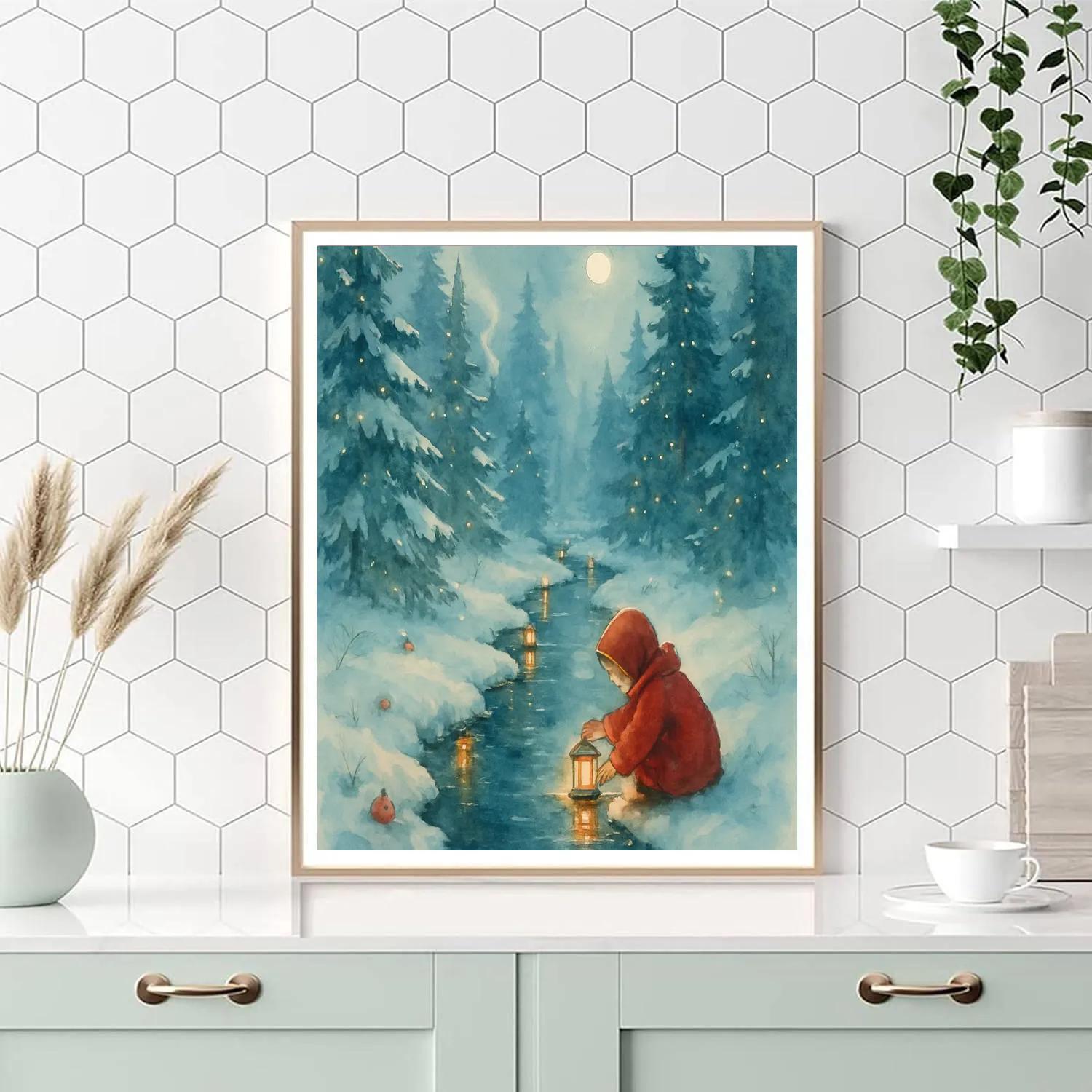 Christmas Lanterns Along The Forest Creek Painting by numbers kit