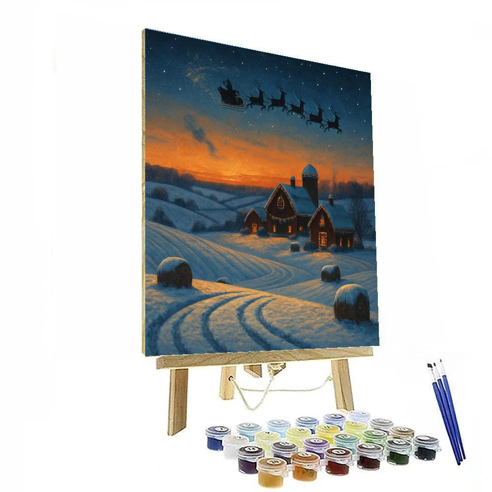 Santa Sleigh Silhouette Over Frosted Farmland paint by number