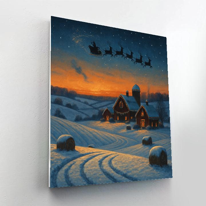 Santa Sleigh Silhouette Over Frosted Farmland paint by number