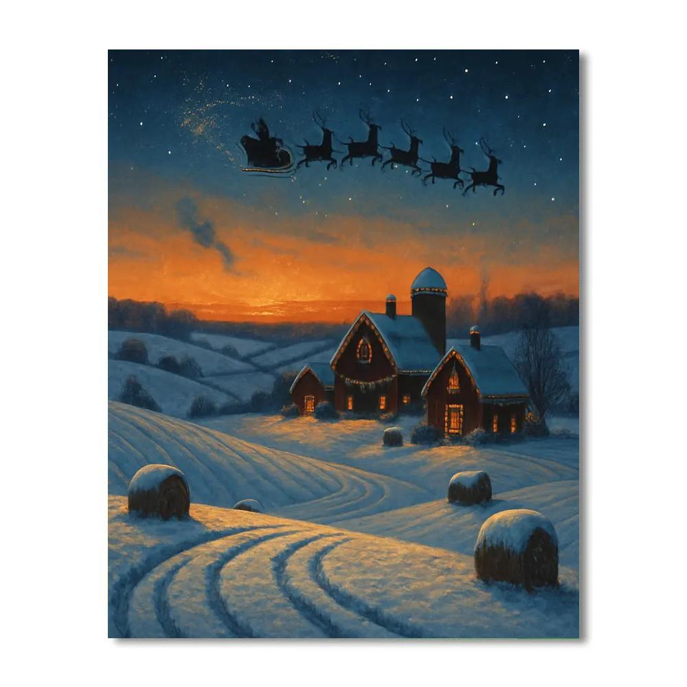 Santa Sleigh Silhouette Over Frosted Farmland paint by number
