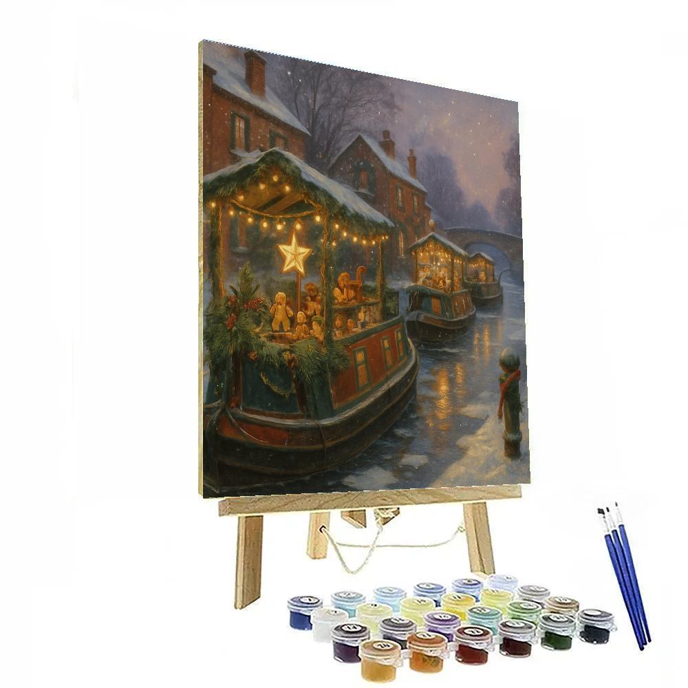 Snowy Canal Boat Christmas Market paint by numbers