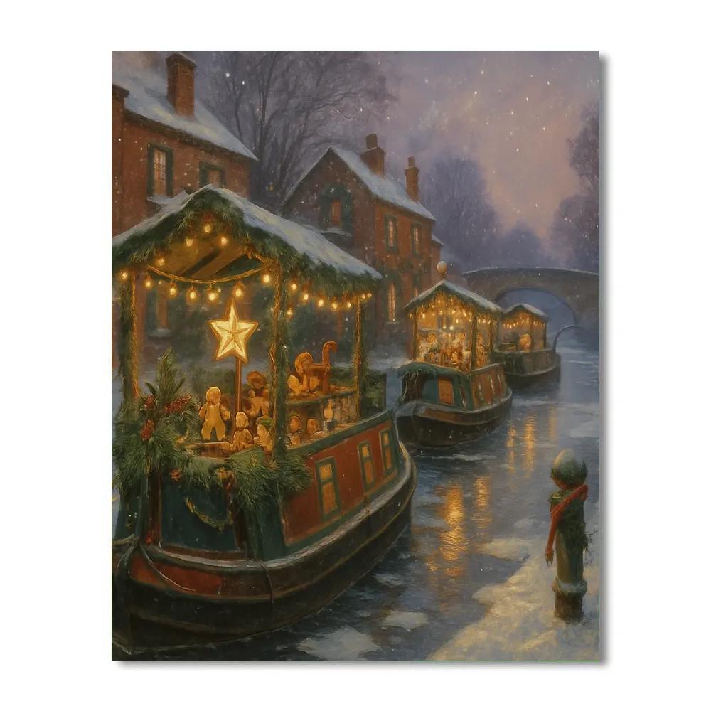 Snowy Canal Boat Christmas Market paint by numbers