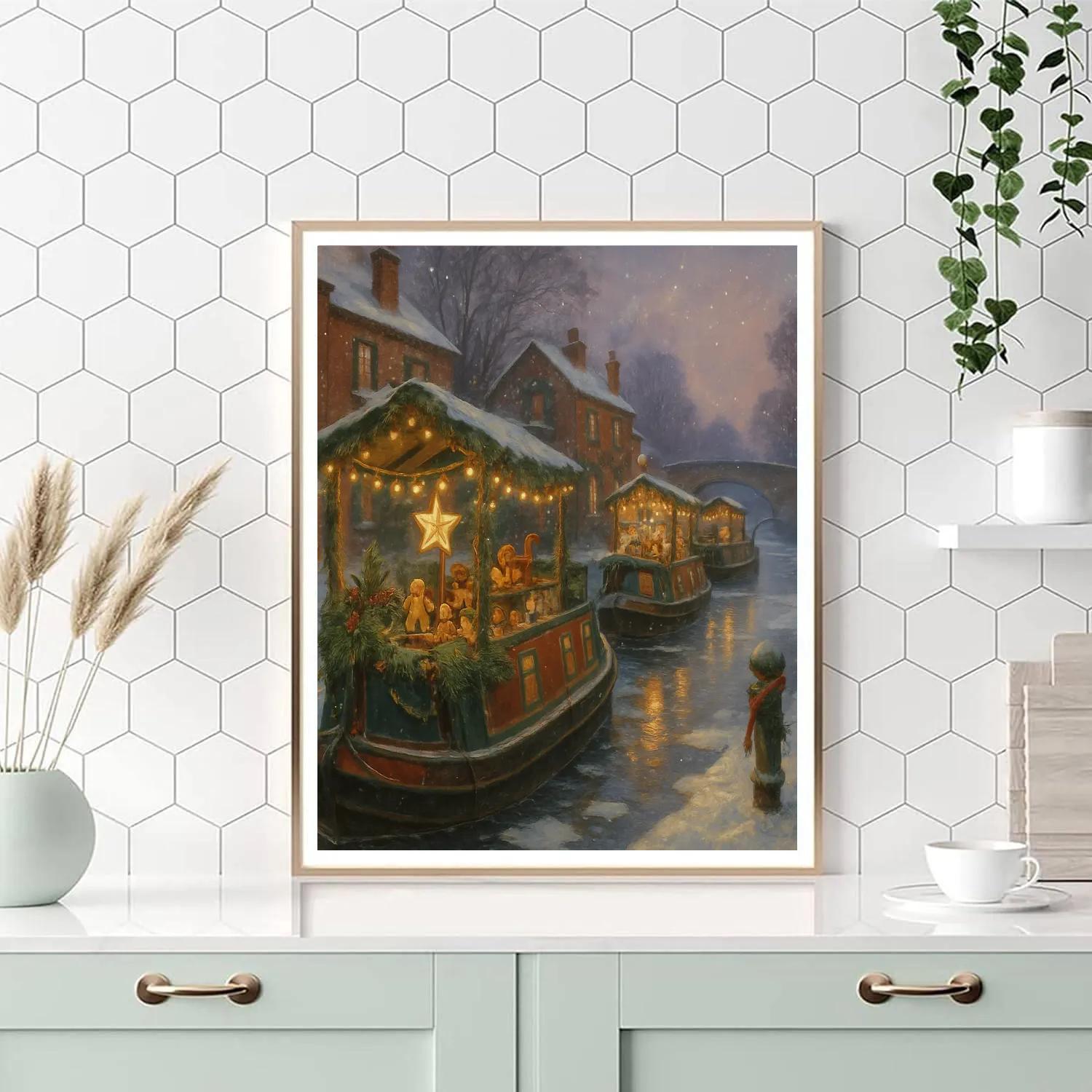 Snowy Canal Boat Christmas Market paint by numbers