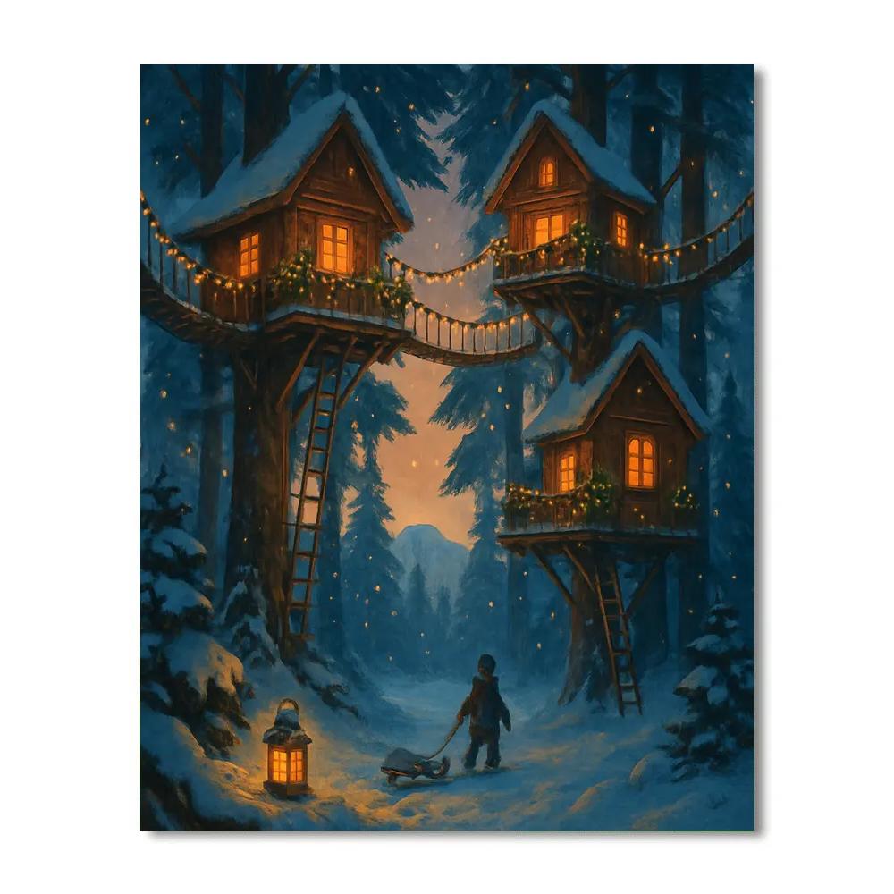Snowbound Treehouse Village At Dusk DIY paint by numbers