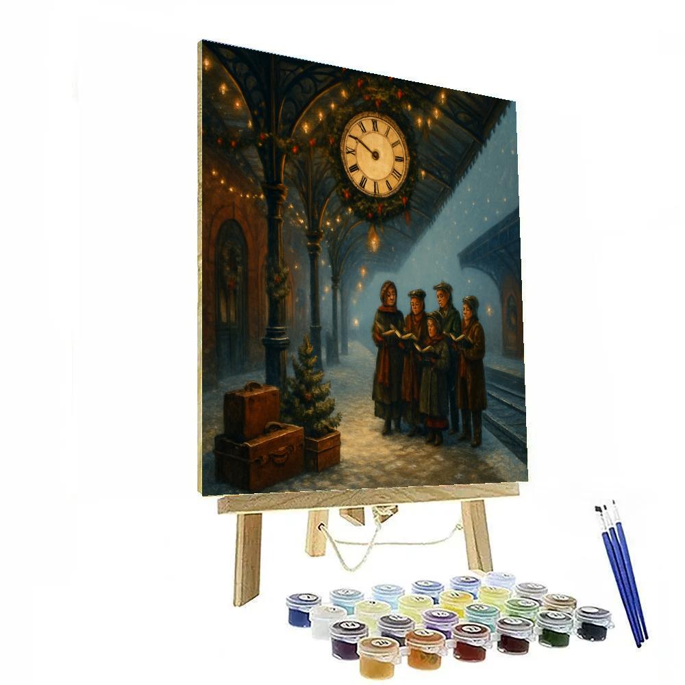 Snowy Train Station Clocktower Carol Paint by numbers kits