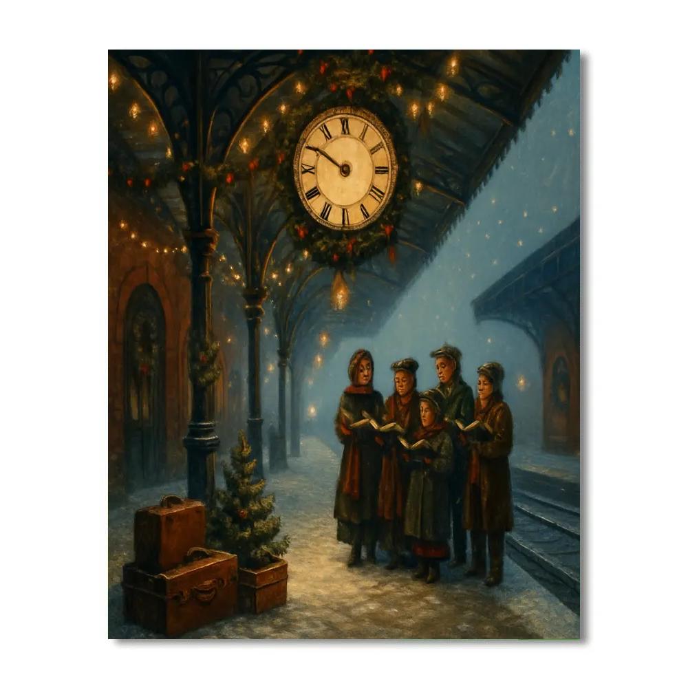 Snowy Train Station Clocktower Carol Paint by numbers kits