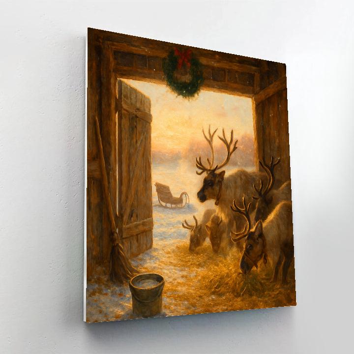 Reindeer Stable At Golden Sunrise painting number kit