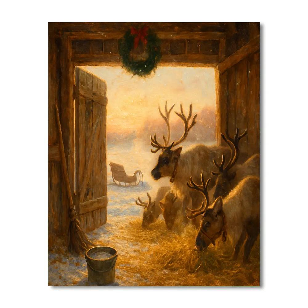 Reindeer Stable At Golden Sunrise painting number kit