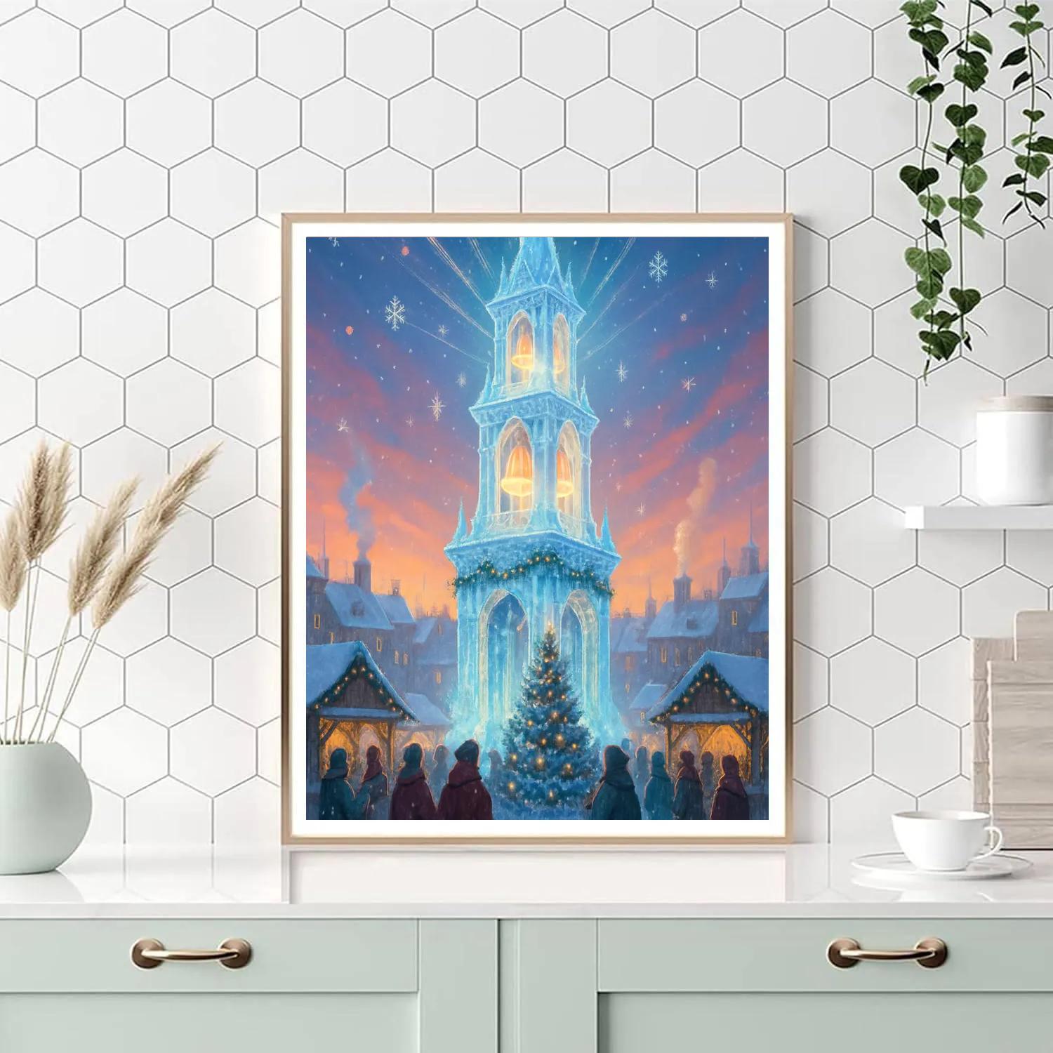 Crystal Bell Tower Over Snow Covered City paint by color