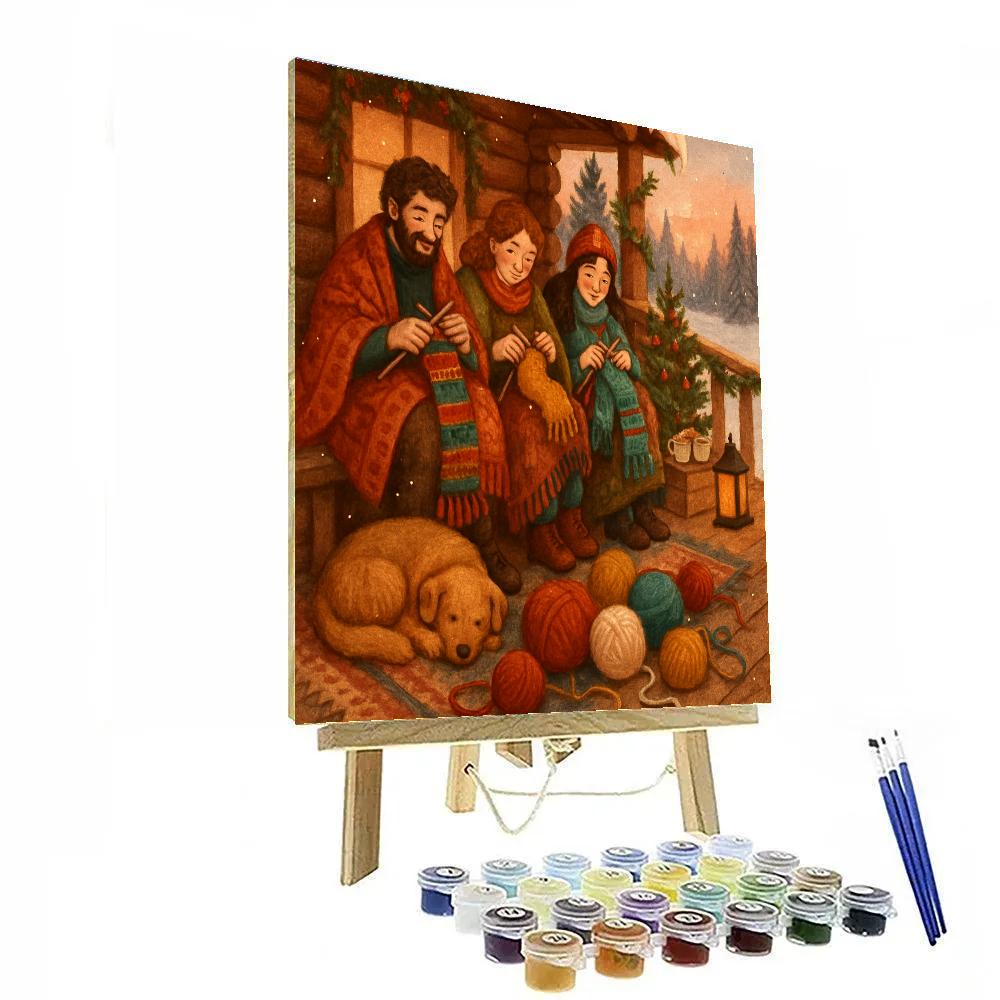 Cabin Porch Winter Knitting Circle paint by number