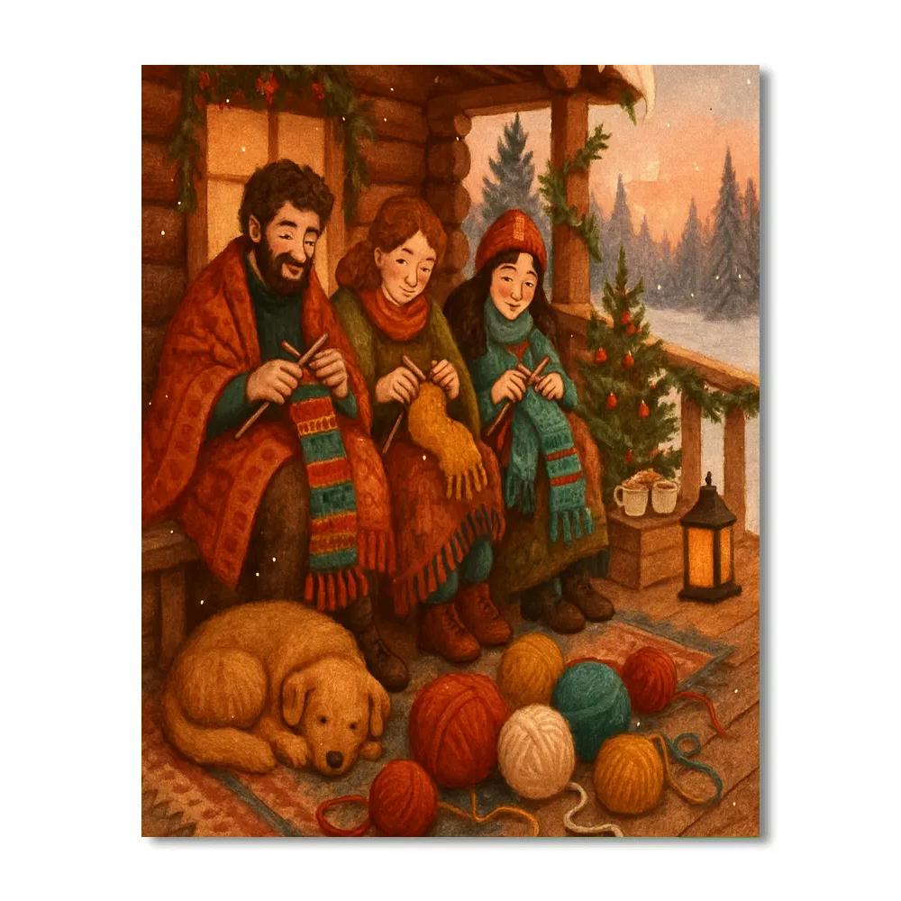 Cabin Porch Winter Knitting Circle paint by number