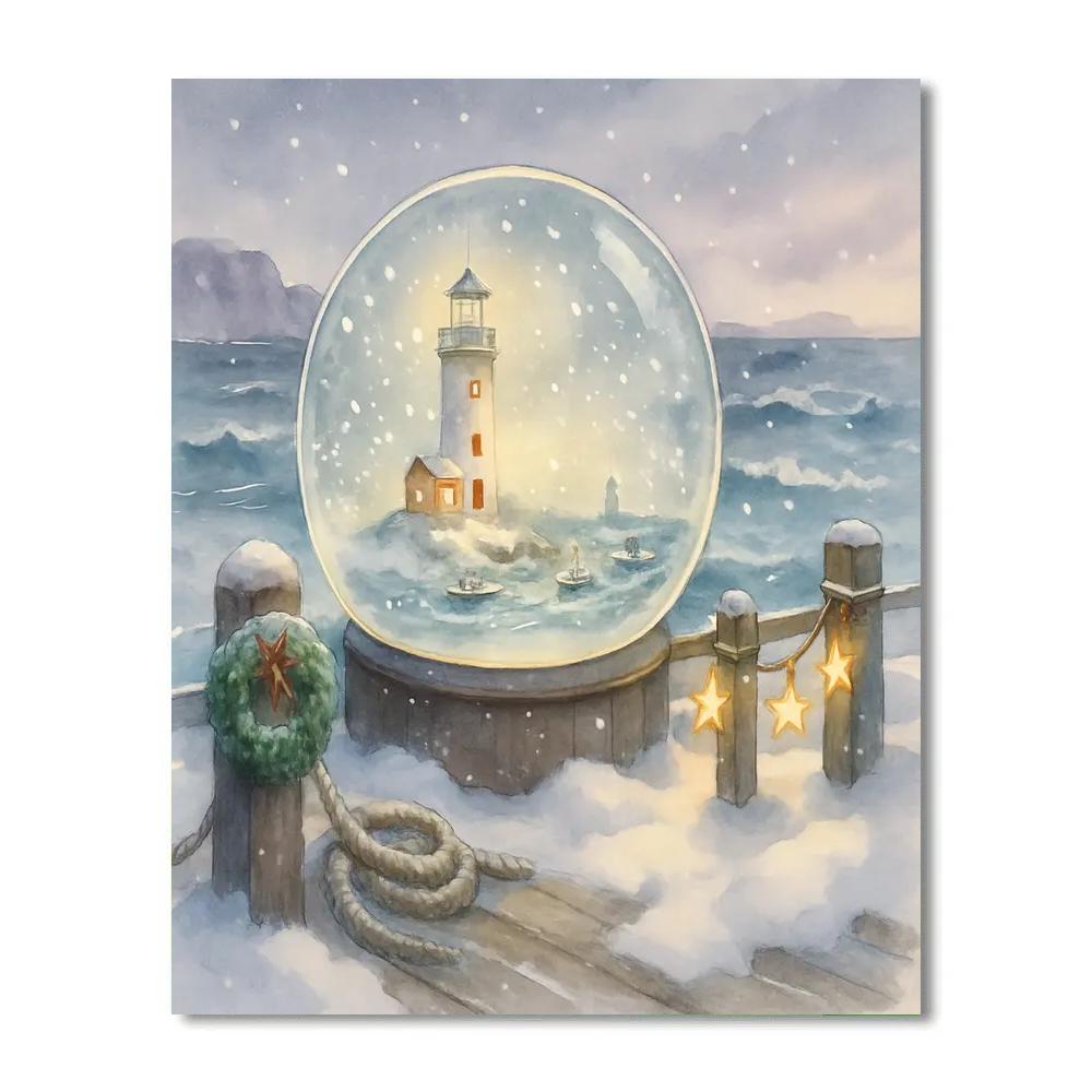 Snow Globe Lighthouse Harbor paint by number