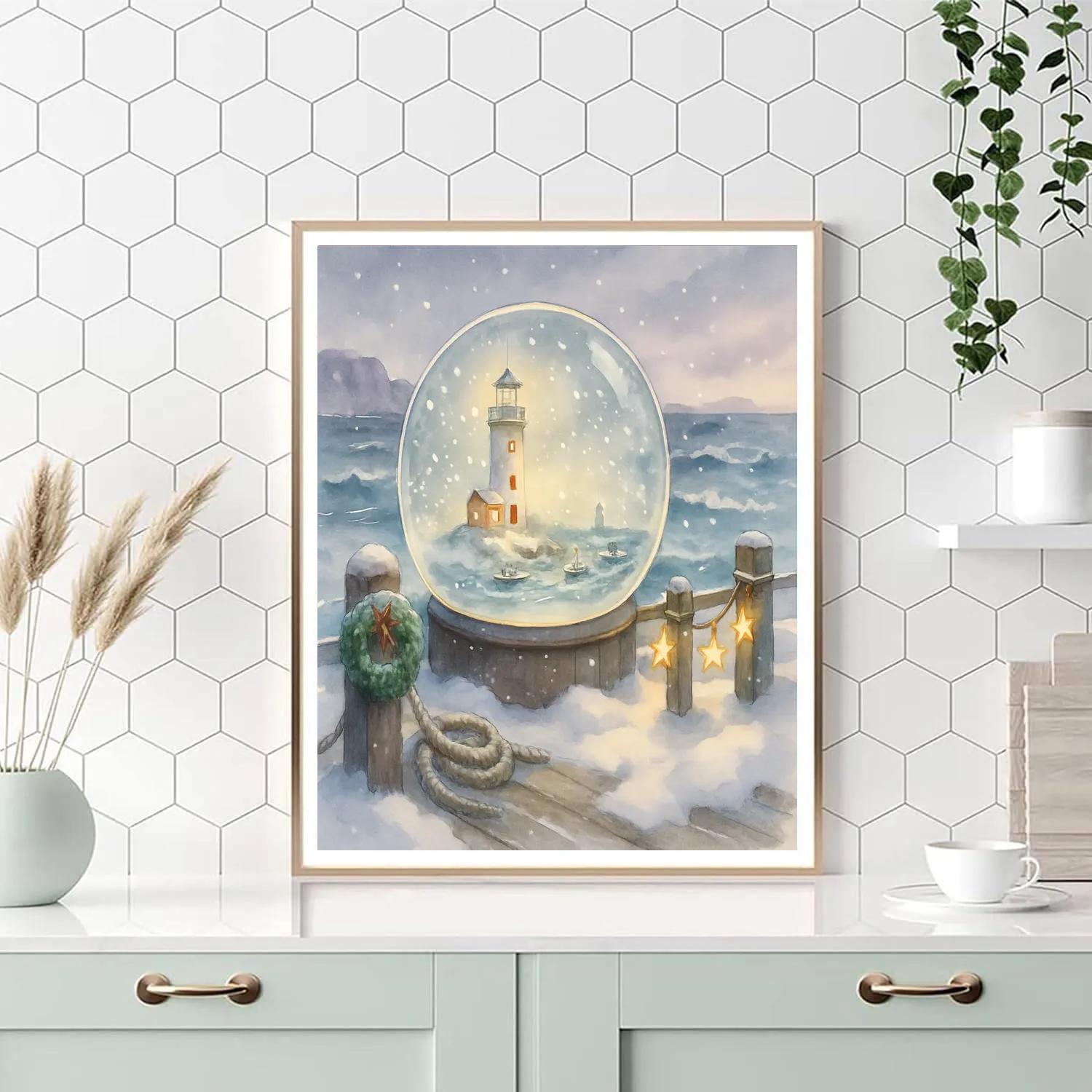 Snow Globe Lighthouse Harbor paint by number