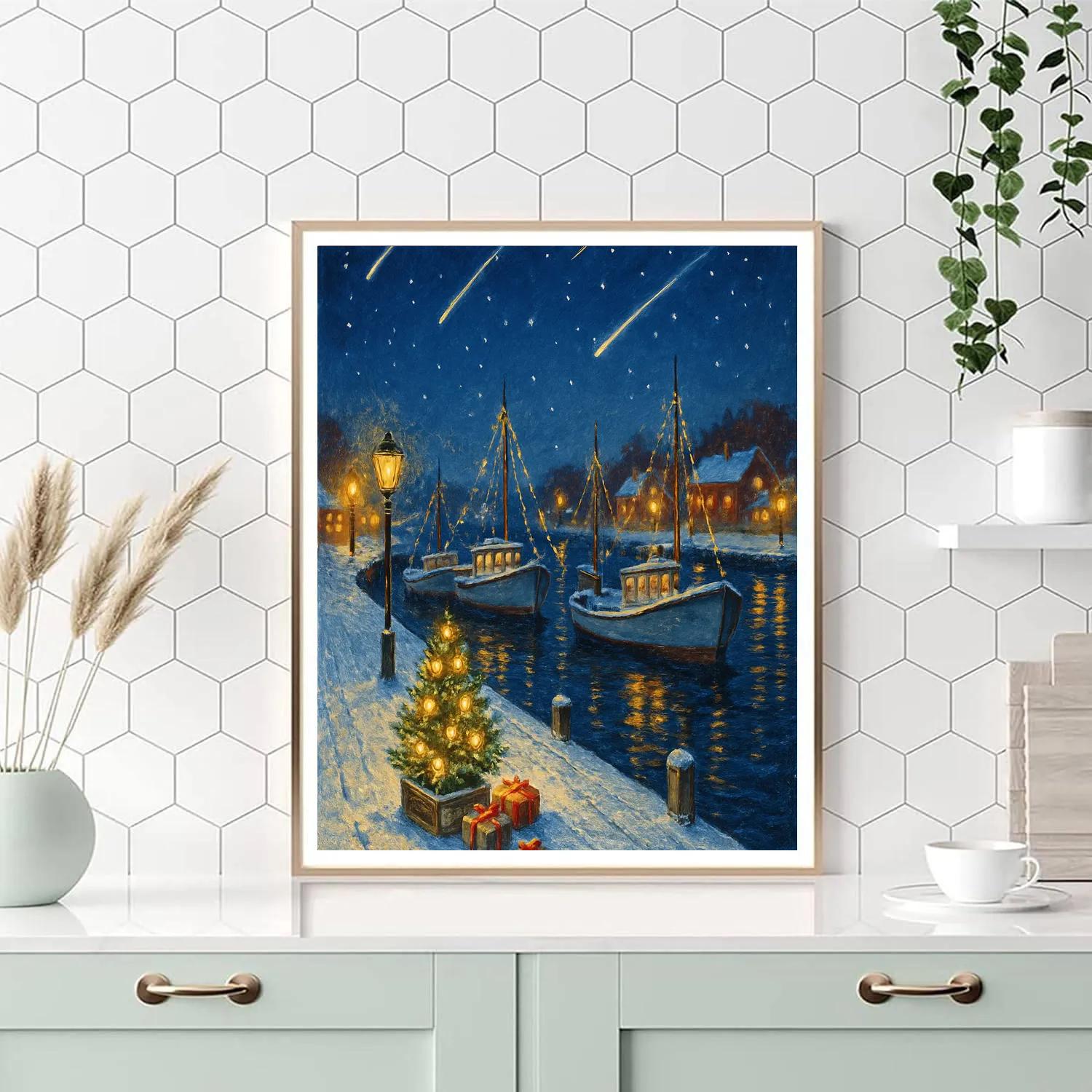 Christmas Meteor Shower Over Midnight Harbor Painting by numbers kit