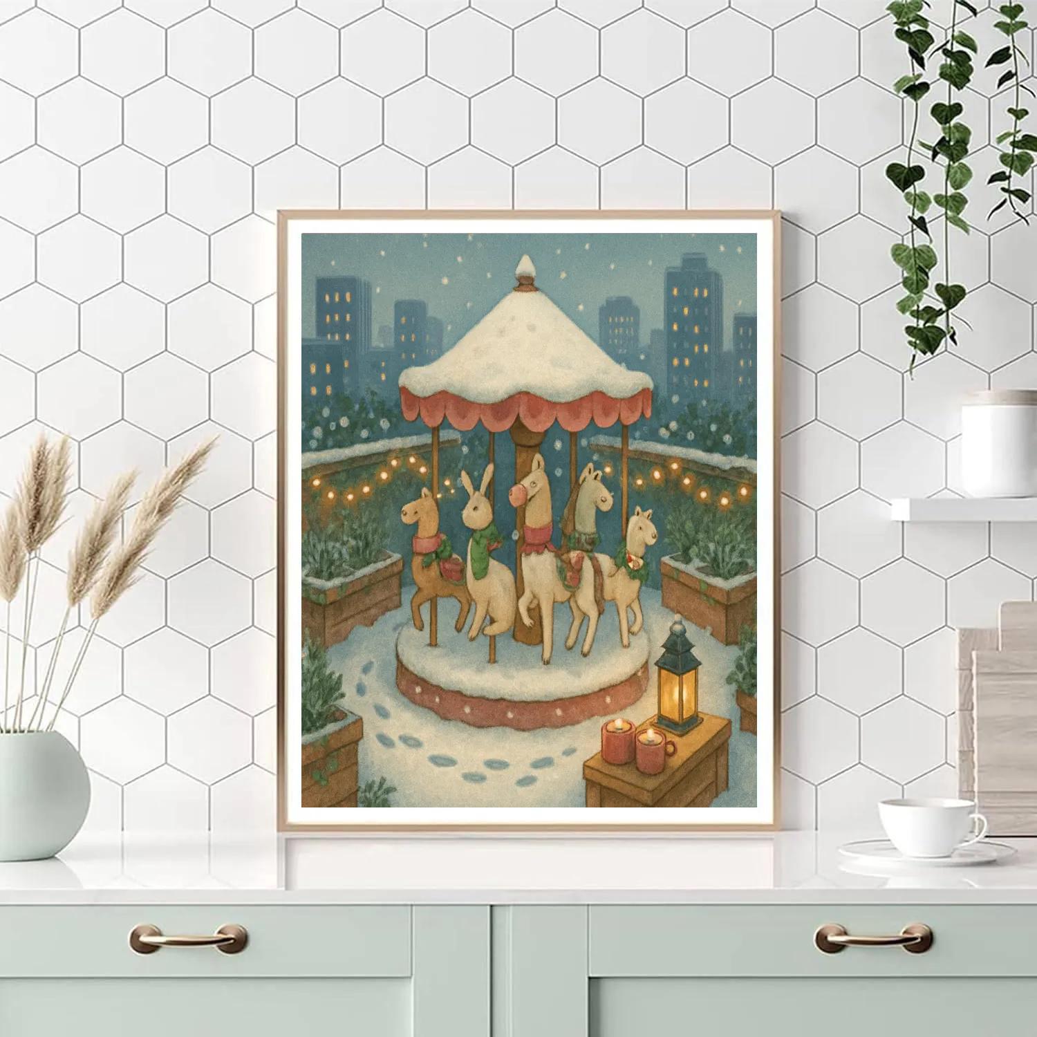 Snow Covered Carousel Rooftop Garden painting number kit