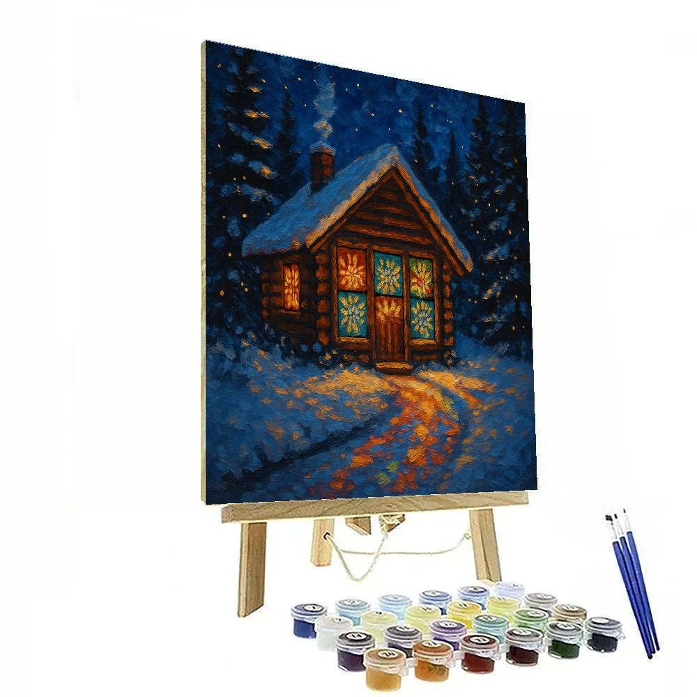 Northern Cottage With Stained Glass Snowflakes paint by number