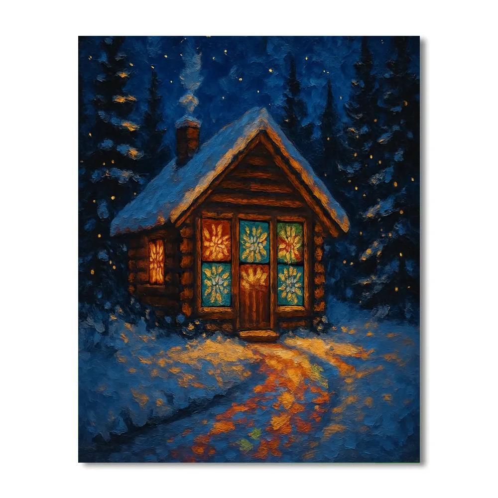 Northern Cottage With Stained Glass Snowflakes paint by number