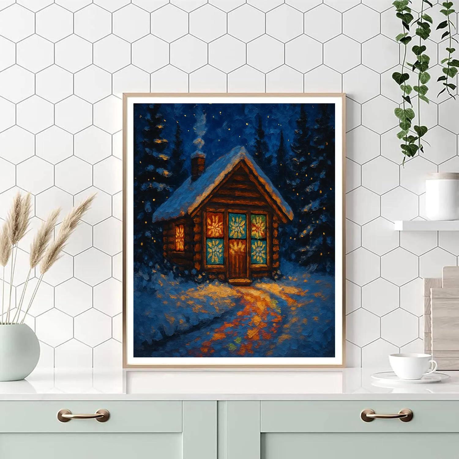Northern Cottage With Stained Glass Snowflakes paint by number