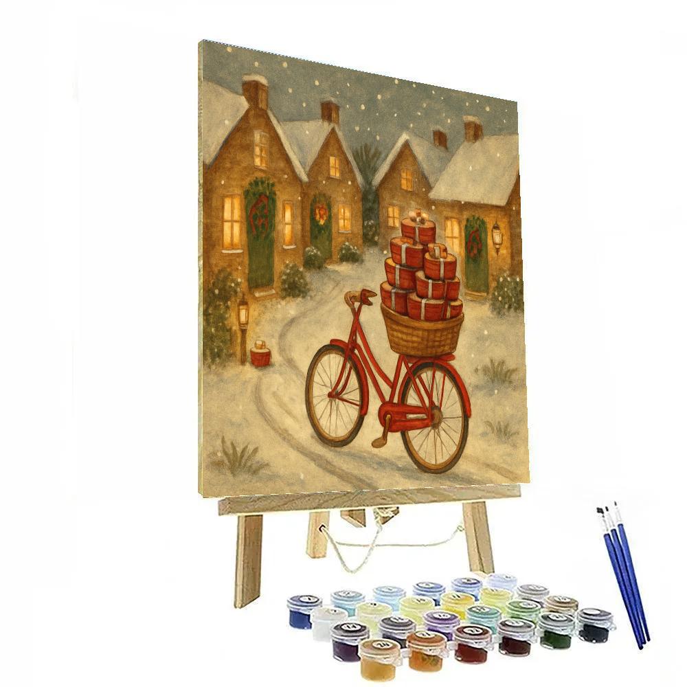 Snowy Village Cookie Delivery Bicycle Number painting