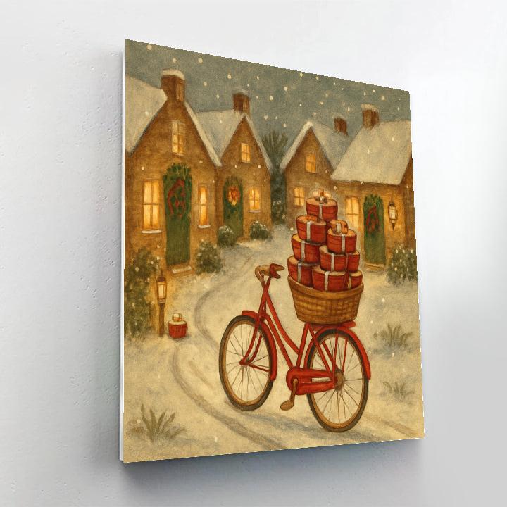 Snowy Village Cookie Delivery Bicycle Number painting