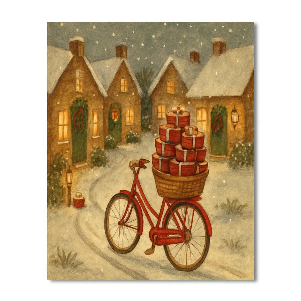 Snowy Village Cookie Delivery Bicycle Number painting