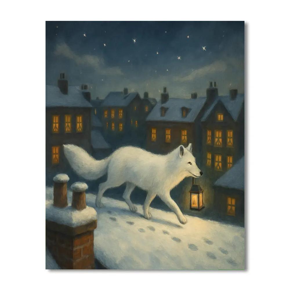 Christmas Lantern Fox On Snowy Rooftops paint by number