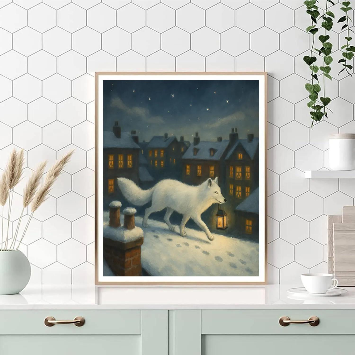 Christmas Lantern Fox On Snowy Rooftops paint by number